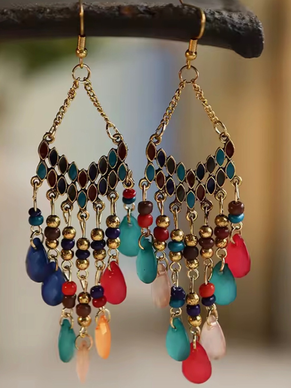 Multicolored Water Drop Beaded Dangling Earrings - Picture 13 of 13